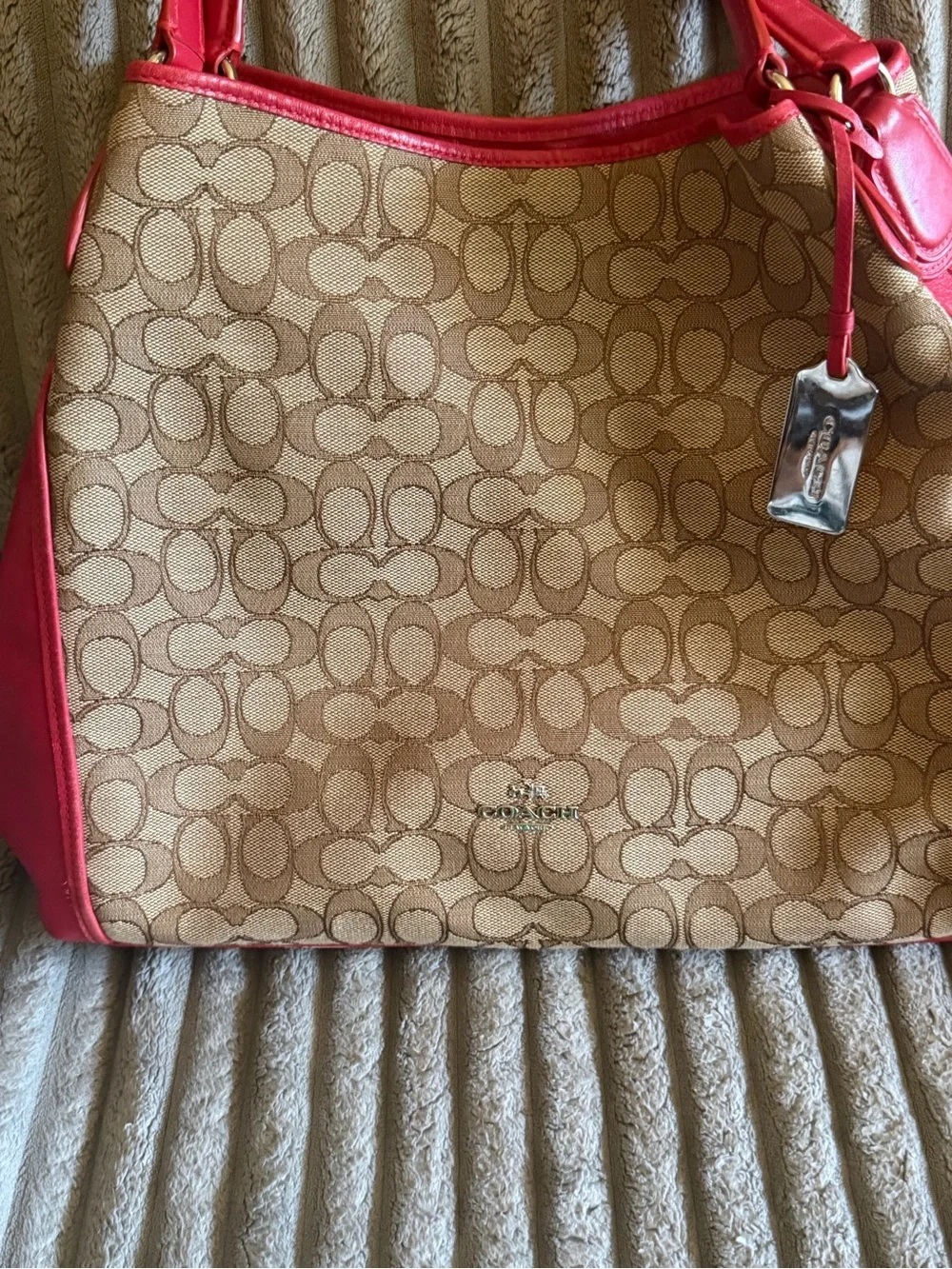 Coach Signature Canvas Shoulder Bag with Red Leather Trim